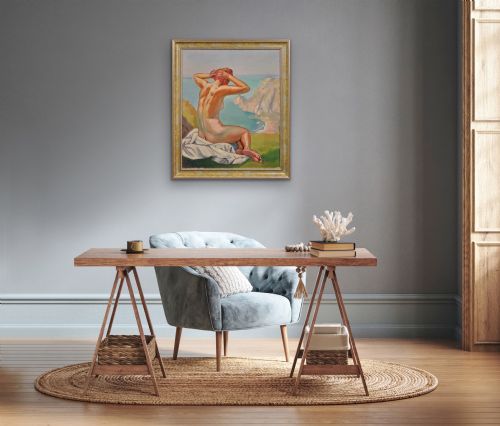RAYMOND MORITZ 1891 1950 FRENCH A LIBERATED LADY ON THE CLIFFS 1927 FRENCH 1920S NUDE SUNBATHING 1920S OIL PAINTING FRAMED - ADDITIONAL PHOTO 24