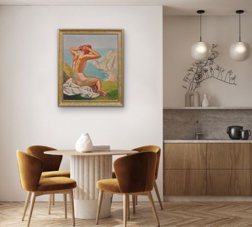 RAYMOND MORITZ 1891 1950 FRENCH A LIBERATED LADY ON THE CLIFFS 1927 FRENCH 1920S NUDE SUNBATHING 1920S OIL PAINTING FRAMED - ADDITIONAL PHOTO 25