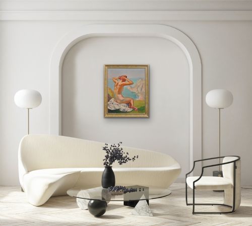 RAYMOND MORITZ 1891 1950 FRENCH A LIBERATED LADY ON THE CLIFFS 1927 FRENCH 1920S NUDE SUNBATHING 1920S OIL PAINTING FRAMED - ADDITIONAL PHOTO 26