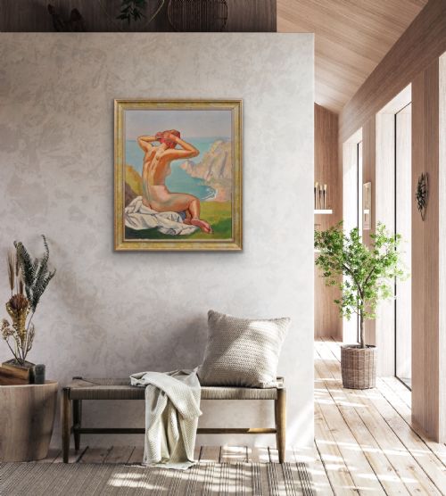 RAYMOND MORITZ 1891 1950 FRENCH A LIBERATED LADY ON THE CLIFFS 1927 FRENCH 1920S NUDE SUNBATHING 1920S OIL PAINTING FRAMED - ADDITIONAL PHOTO 28