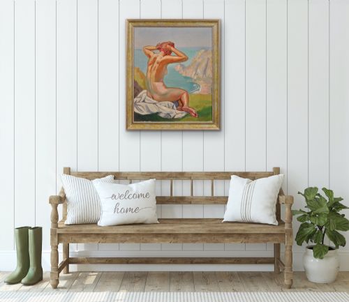 RAYMOND MORITZ 1891 1950 FRENCH A LIBERATED LADY ON THE CLIFFS 1927 FRENCH 1920S NUDE SUNBATHING 1920S OIL PAINTING FRAMED - ADDITIONAL PHOTO 29