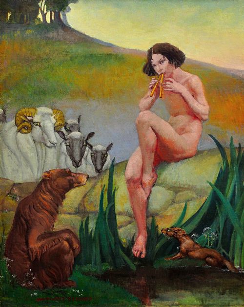 MARGARET MAITLAND HOWARD 1898 1983 ENGLISH PAN GOD OF NATURE PLAYING PANPIPES FRAMED MYTHOLOGICAL 1930S OIL PAINTING NUDE ANIMALS - ADDITIONAL PHOTO 1