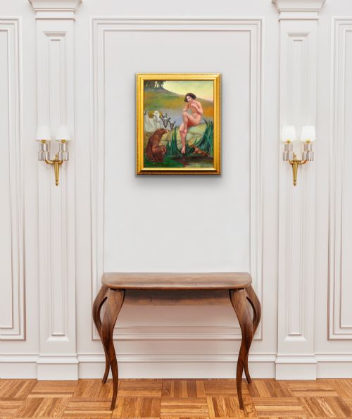 MARGARET MAITLAND HOWARD 1898 1983 ENGLISH PAN GOD OF NATURE PLAYING PANPIPES FRAMED MYTHOLOGICAL 1930S OIL PAINTING NUDE ANIMALS - ADDITIONAL PHOTO 10