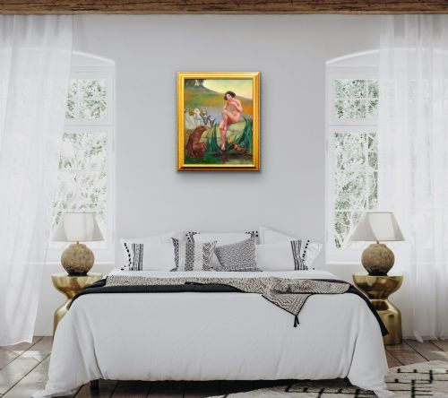 MARGARET MAITLAND HOWARD 1898 1983 ENGLISH PAN GOD OF NATURE PLAYING PANPIPES FRAMED MYTHOLOGICAL 1930S OIL PAINTING NUDE ANIMALS - ADDITIONAL PHOTO 11