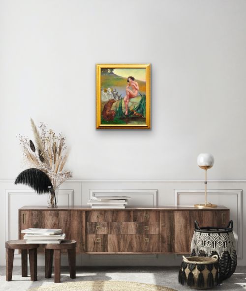 MARGARET MAITLAND HOWARD 1898 1983 ENGLISH PAN GOD OF NATURE PLAYING PANPIPES FRAMED MYTHOLOGICAL 1930S OIL PAINTING NUDE ANIMALS - ADDITIONAL PHOTO 13