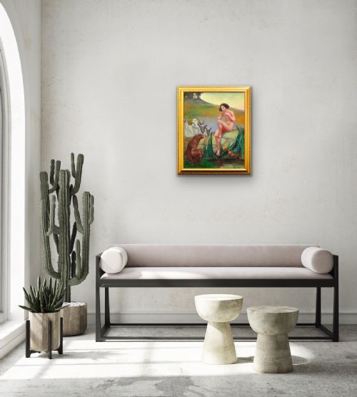 MARGARET MAITLAND HOWARD 1898 1983 ENGLISH PAN GOD OF NATURE PLAYING PANPIPES FRAMED MYTHOLOGICAL 1930S OIL PAINTING NUDE ANIMALS - ADDITIONAL PHOTO 18