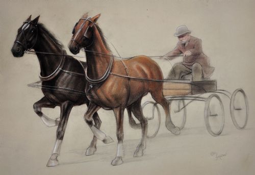 CECIL CHARLES WINDSOR ALDIN 1870 1935 TROTTING HORSES HARNESSED TO A LIGHTWEIGHT FOUR WHEEL CART TRAP WALNUT FRAMED CHALK DRAWING - ADDITIONAL PHOTO 1