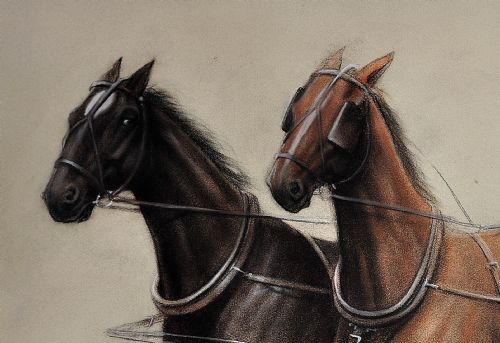 CECIL CHARLES WINDSOR ALDIN 1870 1935 TROTTING HORSES HARNESSED TO A LIGHTWEIGHT FOUR WHEEL CART TRAP WALNUT FRAMED CHALK DRAWING - ADDITIONAL PHOTO 4