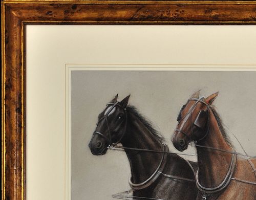 CECIL CHARLES WINDSOR ALDIN 1870 1935 TROTTING HORSES HARNESSED TO A LIGHTWEIGHT FOUR WHEEL CART TRAP WALNUT FRAMED CHALK DRAWING - ADDITIONAL PHOTO 5