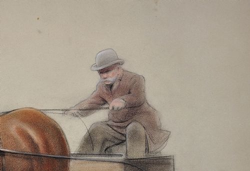 CECIL CHARLES WINDSOR ALDIN 1870 1935 TROTTING HORSES HARNESSED TO A LIGHTWEIGHT FOUR WHEEL CART TRAP WALNUT FRAMED CHALK DRAWING - ADDITIONAL PHOTO 6