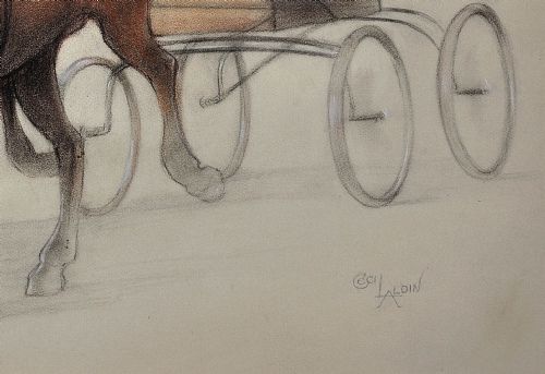 CECIL CHARLES WINDSOR ALDIN 1870 1935 TROTTING HORSES HARNESSED TO A LIGHTWEIGHT FOUR WHEEL CART TRAP WALNUT FRAMED CHALK DRAWING - ADDITIONAL PHOTO 7