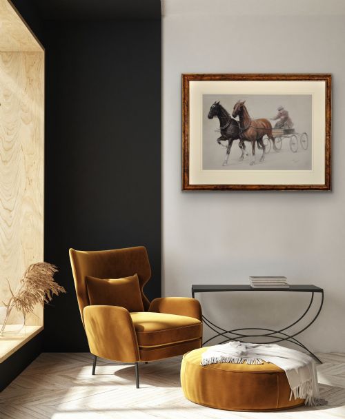 CECIL CHARLES WINDSOR ALDIN 1870 1935 TROTTING HORSES HARNESSED TO A LIGHTWEIGHT FOUR WHEEL CART TRAP WALNUT FRAMED CHALK DRAWING - ADDITIONAL PHOTO 9