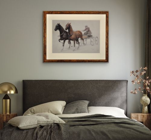 CECIL CHARLES WINDSOR ALDIN 1870 1935 TROTTING HORSES HARNESSED TO A LIGHTWEIGHT FOUR WHEEL CART TRAP WALNUT FRAMED CHALK DRAWING - ADDITIONAL PHOTO 10