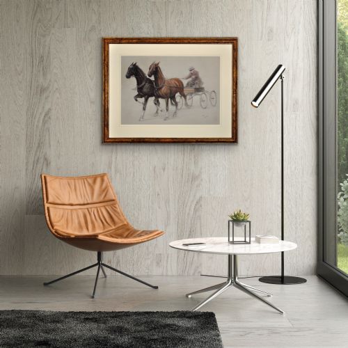 CECIL CHARLES WINDSOR ALDIN 1870 1935 TROTTING HORSES HARNESSED TO A LIGHTWEIGHT FOUR WHEEL CART TRAP WALNUT FRAMED CHALK DRAWING - ADDITIONAL PHOTO 18