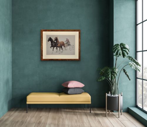 CECIL CHARLES WINDSOR ALDIN 1870 1935 TROTTING HORSES HARNESSED TO A LIGHTWEIGHT FOUR WHEEL CART TRAP WALNUT FRAMED CHALK DRAWING - ADDITIONAL PHOTO 20