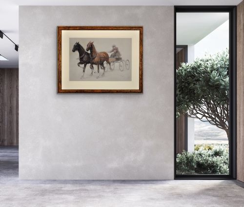 CECIL CHARLES WINDSOR ALDIN 1870 1935 TROTTING HORSES HARNESSED TO A LIGHTWEIGHT FOUR WHEEL CART TRAP WALNUT FRAMED CHALK DRAWING - ADDITIONAL PHOTO 24