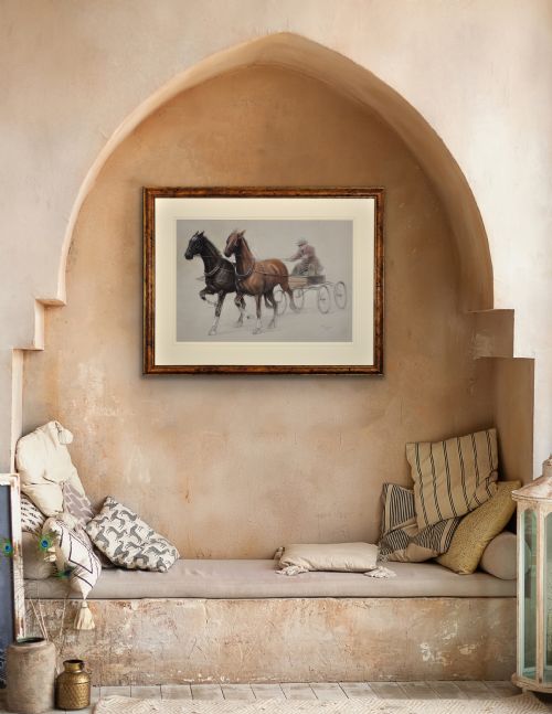 CECIL CHARLES WINDSOR ALDIN 1870 1935 TROTTING HORSES HARNESSED TO A LIGHTWEIGHT FOUR WHEEL CART TRAP WALNUT FRAMED CHALK DRAWING - ADDITIONAL PHOTO 25