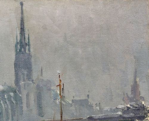 PAULJEAN ANDERBOUHR 1909 2006 THE AGONY OF ROUEN NORMANDY 1944 WORLD WAR 2 FRANCE DDAY ALLIED AERIAL BOMBING FRAMED WARTIME OIL PAINTING - ADDITIONAL PHOTO 6