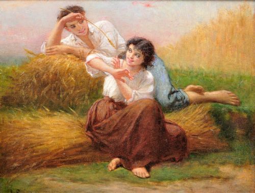 CHARLES ZACHARIE LANDELLE 1821 1908 FRENCH I ASK YOU FOR A CARESS AND YOU TICKLE ME FRAMED 1860S ROMANTIC FRENCH OIL PAINTING - ADDITIONAL PHOTO 1