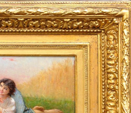 CHARLES ZACHARIE LANDELLE 1821 1908 FRENCH I ASK YOU FOR A CARESS AND YOU TICKLE ME FRAMED 1860S ROMANTIC FRENCH OIL PAINTING - ADDITIONAL PHOTO 4