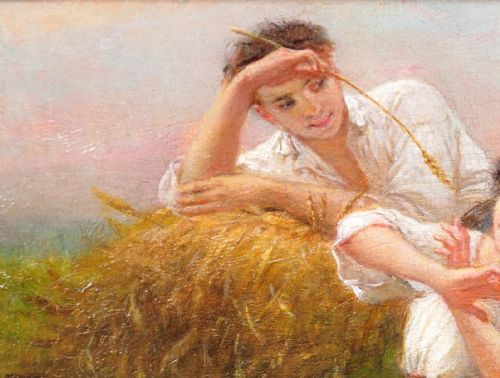 CHARLES ZACHARIE LANDELLE 1821 1908 FRENCH I ASK YOU FOR A CARESS AND YOU TICKLE ME FRAMED 1860S ROMANTIC FRENCH OIL PAINTING - ADDITIONAL PHOTO 5