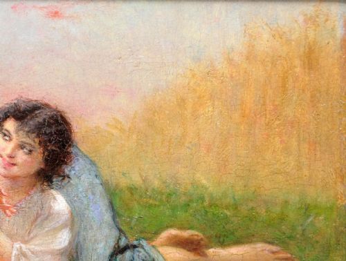 CHARLES ZACHARIE LANDELLE 1821 1908 FRENCH I ASK YOU FOR A CARESS AND YOU TICKLE ME FRAMED 1860S ROMANTIC FRENCH OIL PAINTING - ADDITIONAL PHOTO 6