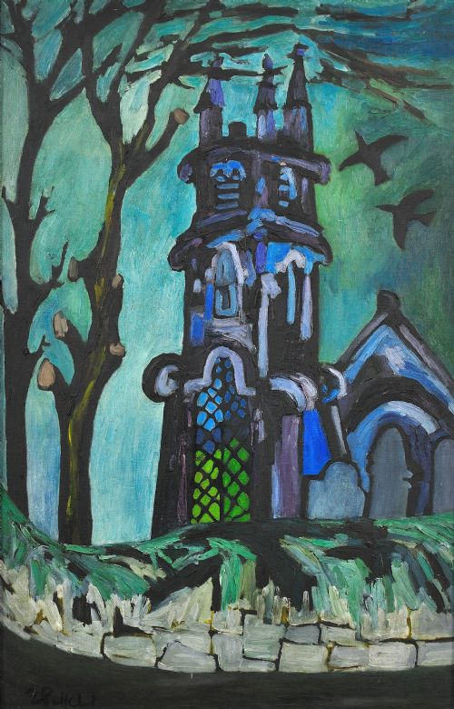 JOAN GILLCHREST 1918 2008 CORNISH ARTIST CHURCH AND CHURCHYARD FRAMED MID 20TH CENTURY OIL PAINTING AN EARLY CAREER WORK - ADDITIONAL PHOTO 1
