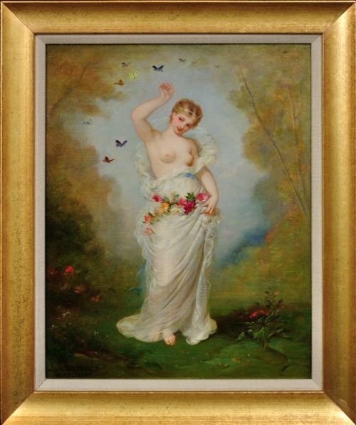 ANDR CHARLES VOILLEMOT 1822 1893 FRAMED 1860S FRENCH ACADEMIC STYLE OIL PAINTING WITH ROMANTIC MYTHOLOGICAL THEMES