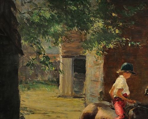 HARRY FRECKLETON 1890 1979 MILLY WITH MINSTREL FRAMED MID 20TH CENTURY BRITISH OIL PAINTING CHILDHOOD PONY IN THE STABLEYARD - ADDITIONAL PHOTO 5