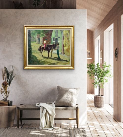 HARRY FRECKLETON 1890 1979 MILLY WITH MINSTREL FRAMED MID 20TH CENTURY BRITISH OIL PAINTING CHILDHOOD PONY IN THE STABLEYARD - ADDITIONAL PHOTO 10