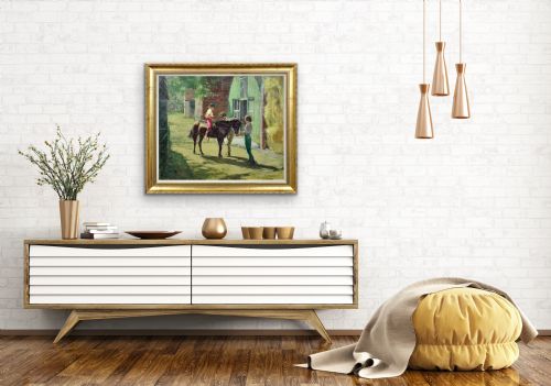 HARRY FRECKLETON 1890 1979 MILLY WITH MINSTREL FRAMED MID 20TH CENTURY BRITISH OIL PAINTING CHILDHOOD PONY IN THE STABLEYARD - ADDITIONAL PHOTO 11
