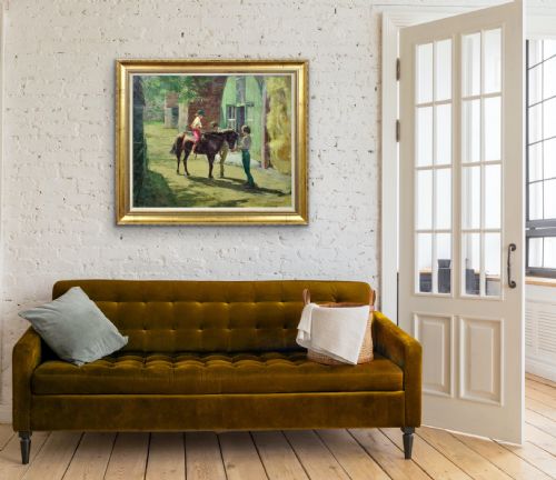 HARRY FRECKLETON 1890 1979 MILLY WITH MINSTREL FRAMED MID 20TH CENTURY BRITISH OIL PAINTING CHILDHOOD PONY IN THE STABLEYARD - ADDITIONAL PHOTO 12