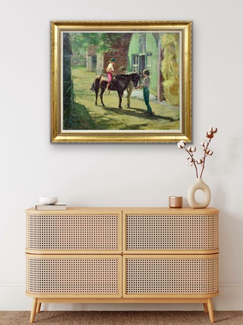 HARRY FRECKLETON 1890 1979 MILLY WITH MINSTREL FRAMED MID 20TH CENTURY BRITISH OIL PAINTING CHILDHOOD PONY IN THE STABLEYARD - ADDITIONAL PHOTO 13