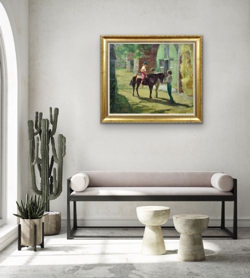 HARRY FRECKLETON 1890 1979 MILLY WITH MINSTREL FRAMED MID 20TH CENTURY BRITISH OIL PAINTING CHILDHOOD PONY IN THE STABLEYARD - ADDITIONAL PHOTO 14