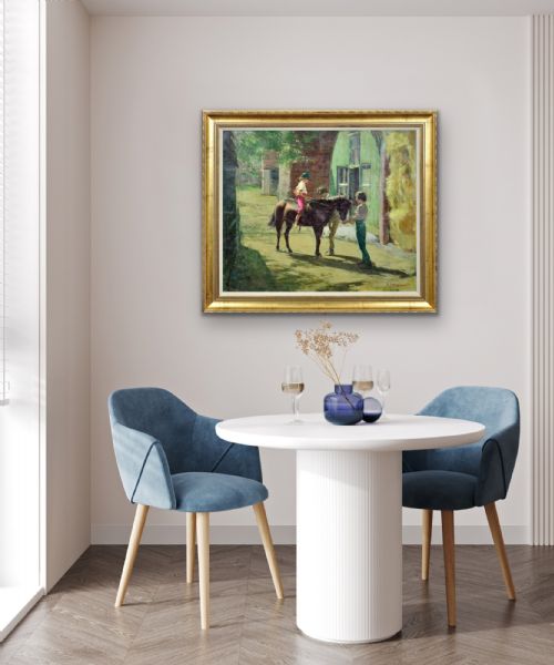 HARRY FRECKLETON 1890 1979 MILLY WITH MINSTREL FRAMED MID 20TH CENTURY BRITISH OIL PAINTING CHILDHOOD PONY IN THE STABLEYARD - ADDITIONAL PHOTO 15
