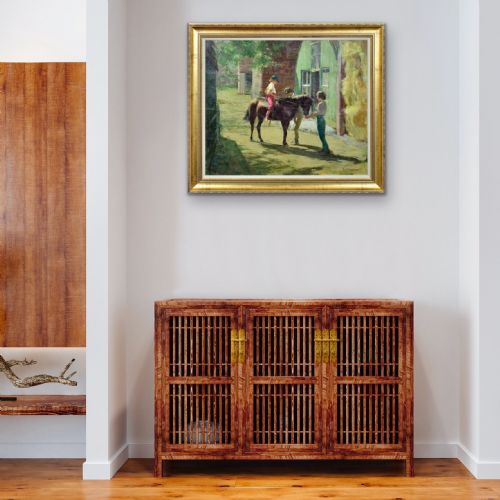 HARRY FRECKLETON 1890 1979 MILLY WITH MINSTREL FRAMED MID 20TH CENTURY BRITISH OIL PAINTING CHILDHOOD PONY IN THE STABLEYARD - ADDITIONAL PHOTO 16
