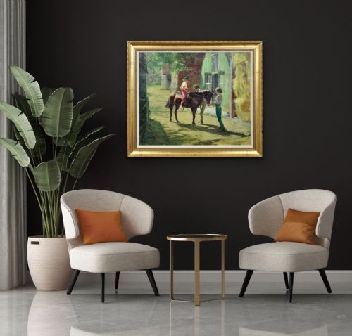 HARRY FRECKLETON 1890 1979 MILLY WITH MINSTREL FRAMED MID 20TH CENTURY BRITISH OIL PAINTING CHILDHOOD PONY IN THE STABLEYARD - ADDITIONAL PHOTO 19