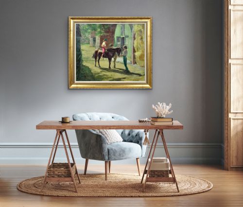 HARRY FRECKLETON 1890 1979 MILLY WITH MINSTREL FRAMED MID 20TH CENTURY BRITISH OIL PAINTING CHILDHOOD PONY IN THE STABLEYARD - ADDITIONAL PHOTO 23
