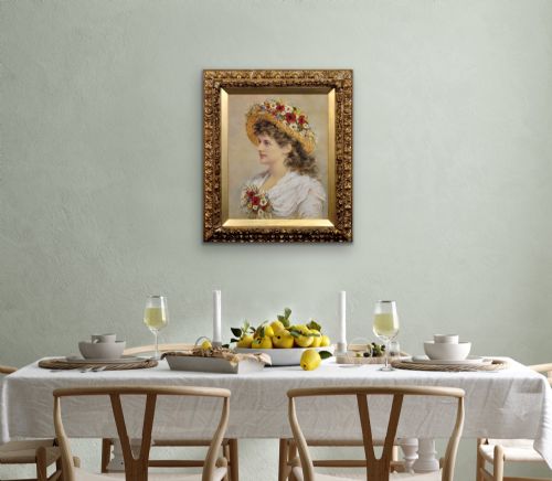 ALICE ANNE RENSHAW 1849 1900 ENGLISH YOUNG LADY WITH SUMMER MEADOW FLOWERS IN HER STRAW HAT ORNATE PERIOD FRAMED WATERCOLOUR GOUACHE PAINTING - ADDITIONAL PHOTO 14