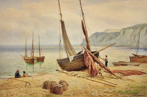 FREDERICK WILLIAMSON 1835 1900 ENGLISH FISHING BOATS FISHERMEN ON BEER BEACH EAST DEVON FRAMED FINELY EXECUTED WATERCOLOUR PAINTING
