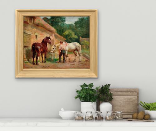 RAIMOND LOUIS LECOURT 1882 1946 WORKING HORSES AT THE TROUGH 1908 NORMANDY FRAMED FRENCH PROVINCIAL OIL PAINTING - ADDITIONAL PHOTO 11