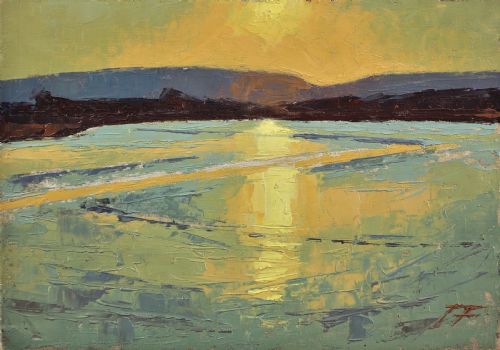 JAMES FRY 1911 1985 ENGLISH POOLE HARBOUR WITH THE PURBECK HILLS BEYOND DORSET FRAMED CIRCA 1950 IMPASTO OIL PAINTING - ADDITIONAL PHOTO 1