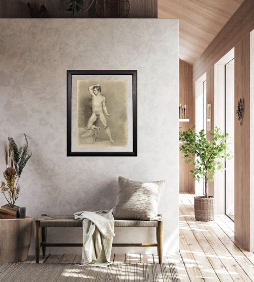 BIEDERMEIER PERIOD ACADEMIC LIFE STUDY OF A MALE NUDE HALF KNEELING POSE CIRCA 1826 MUSEUM GLASS FRAMING PENCIL AND CHARCOAL ON PAPER WITH HEIGHTENING - ADDITIONAL PHOTO 27