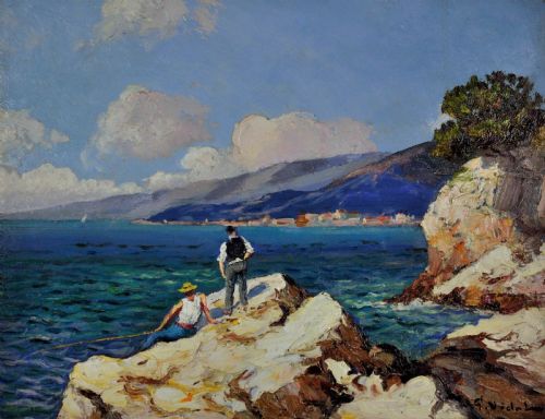 GUSTAVE VIDAL 1895 1966 FRENCH PCHEURS SUR LES ROCHERS 1930S FRAMED ORIGINAL CTE D'AZUR OIL PAINTING - ADDITIONAL PHOTO 1