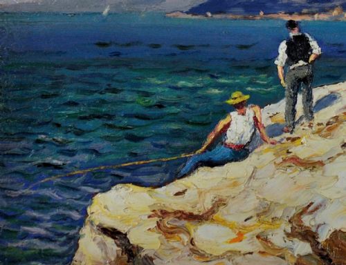 GUSTAVE VIDAL 1895 1966 FRENCH PCHEURS SUR LES ROCHERS 1930S FRAMED ORIGINAL CTE D'AZUR OIL PAINTING - ADDITIONAL PHOTO 6