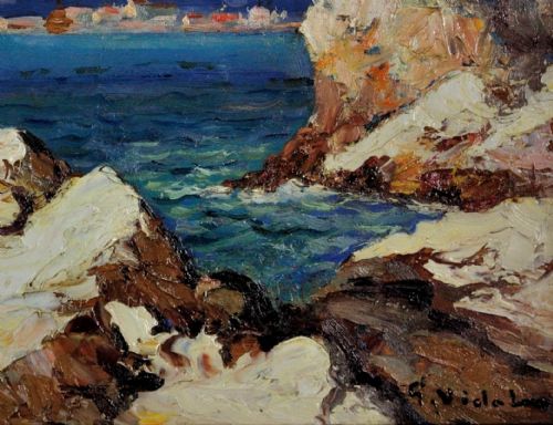 GUSTAVE VIDAL 1895 1966 FRENCH PCHEURS SUR LES ROCHERS 1930S FRAMED ORIGINAL CTE D'AZUR OIL PAINTING - ADDITIONAL PHOTO 7