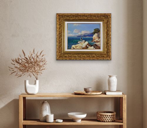GUSTAVE VIDAL 1895 1966 FRENCH PCHEURS SUR LES ROCHERS 1930S FRAMED ORIGINAL CTE D'AZUR OIL PAINTING - ADDITIONAL PHOTO 16