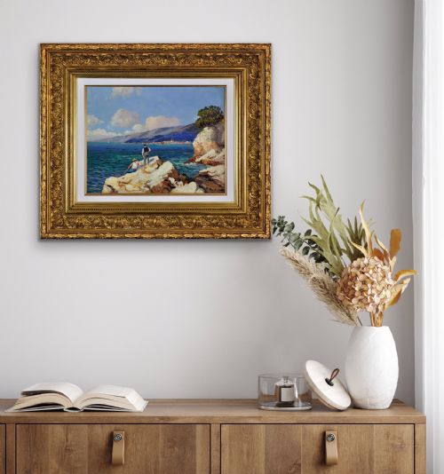 GUSTAVE VIDAL 1895 1966 FRENCH PCHEURS SUR LES ROCHERS 1930S FRAMED ORIGINAL CTE D'AZUR OIL PAINTING - ADDITIONAL PHOTO 18