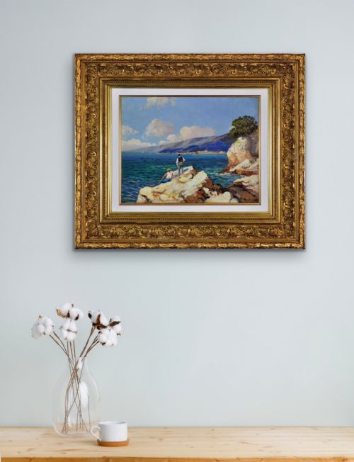 GUSTAVE VIDAL 1895 1966 FRENCH PCHEURS SUR LES ROCHERS 1930S FRAMED ORIGINAL CTE D'AZUR OIL PAINTING - ADDITIONAL PHOTO 26