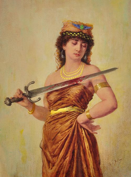 CHARLES BELLAY SALOME WITH BLOODIED SWORD FRAMED 1860S FRENCH ORIENTALIST TRADITION WATERCOLOUR PAINTING - ADDITIONAL PHOTO 1
